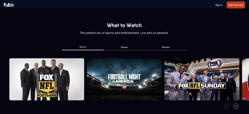 screenshot of FuboTV homepage